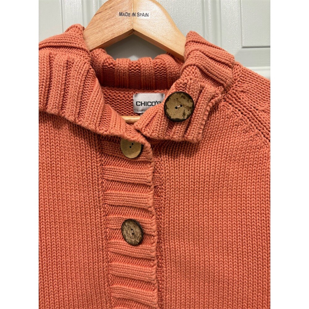 Chico's Cardigan Sweater Womens Size 2 Large Orange Chunky Knit Button - Picture 2 of 10